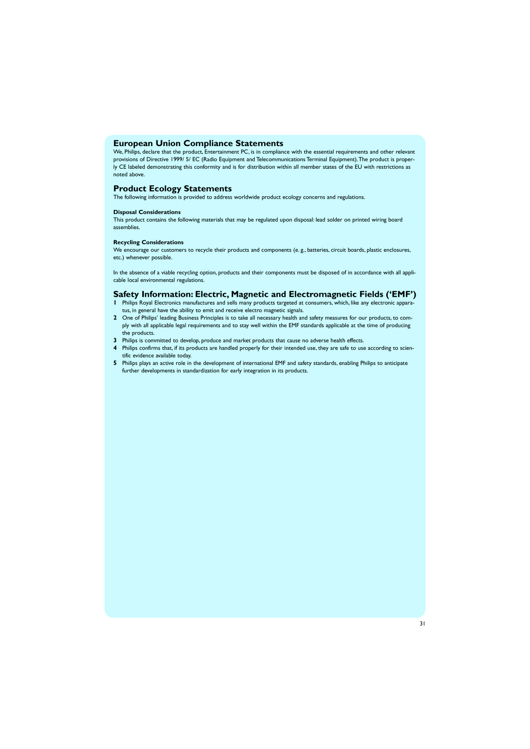 Philips MCP9350I/22 manual European Union Compliance Statements, Product Ecology Statements, Disposal Considerations 