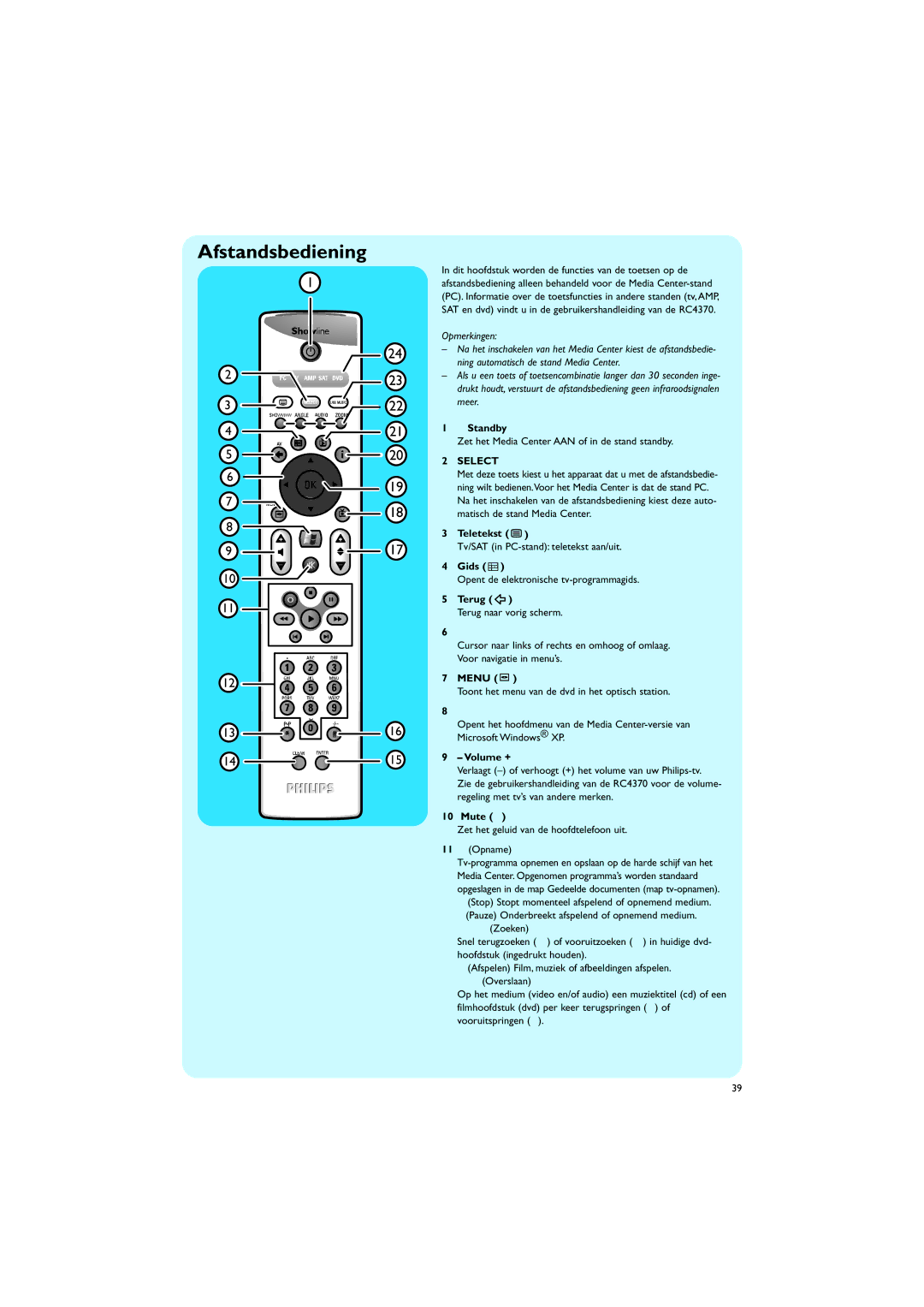 Philips MCP9350I/22 manual Standby, Teletekst, Gids, Terug, Menu 