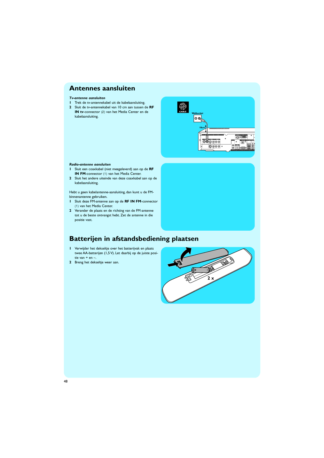 Philips MCP9350I/22 manual Antennes aansluiten, Batterijen in afstandsbediening plaatsen, Tv-antenne aansluiten 