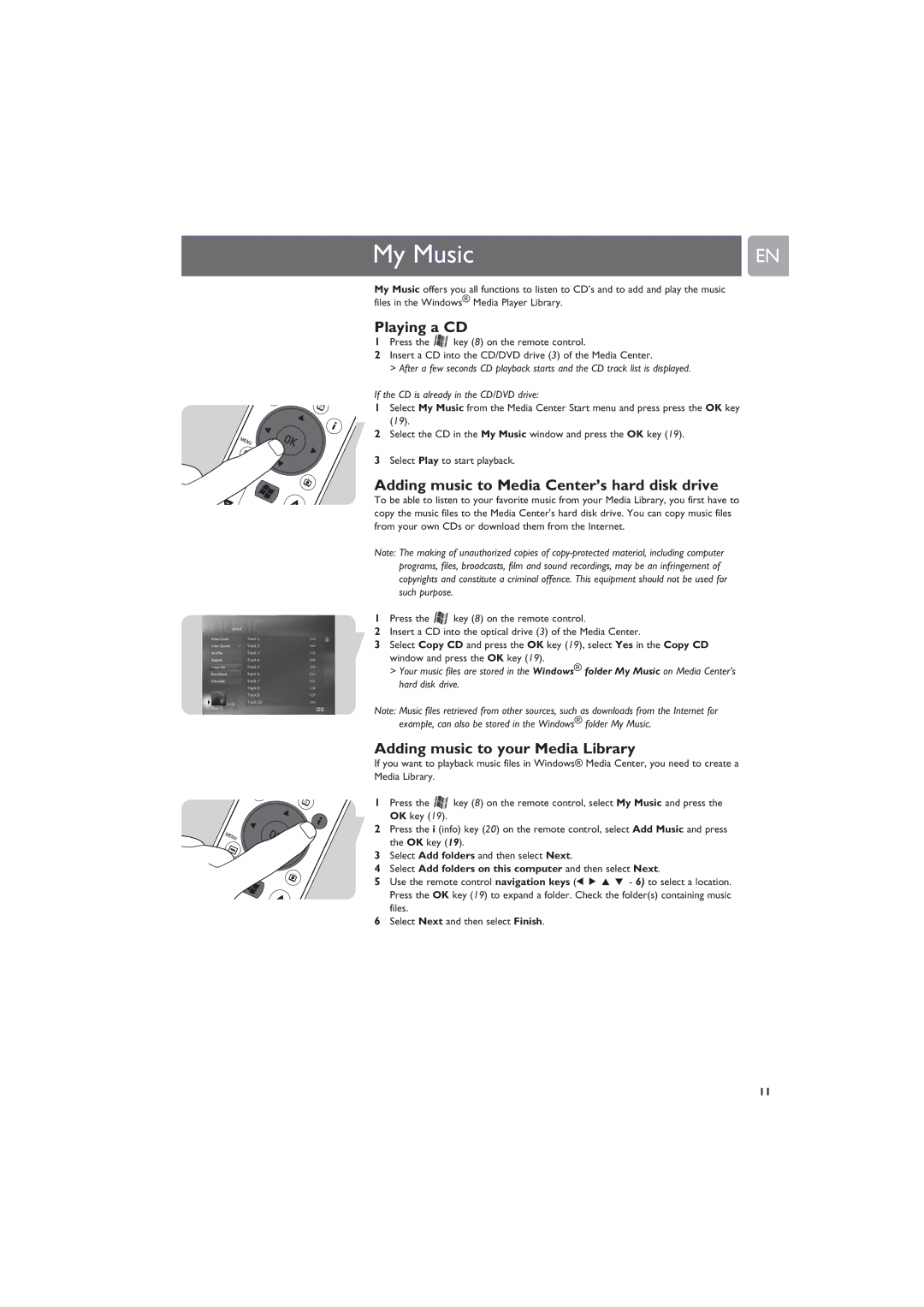 Philips MCP9360i manual My Music, Playing a CD, Adding music to Media Center’s hard disk drive 