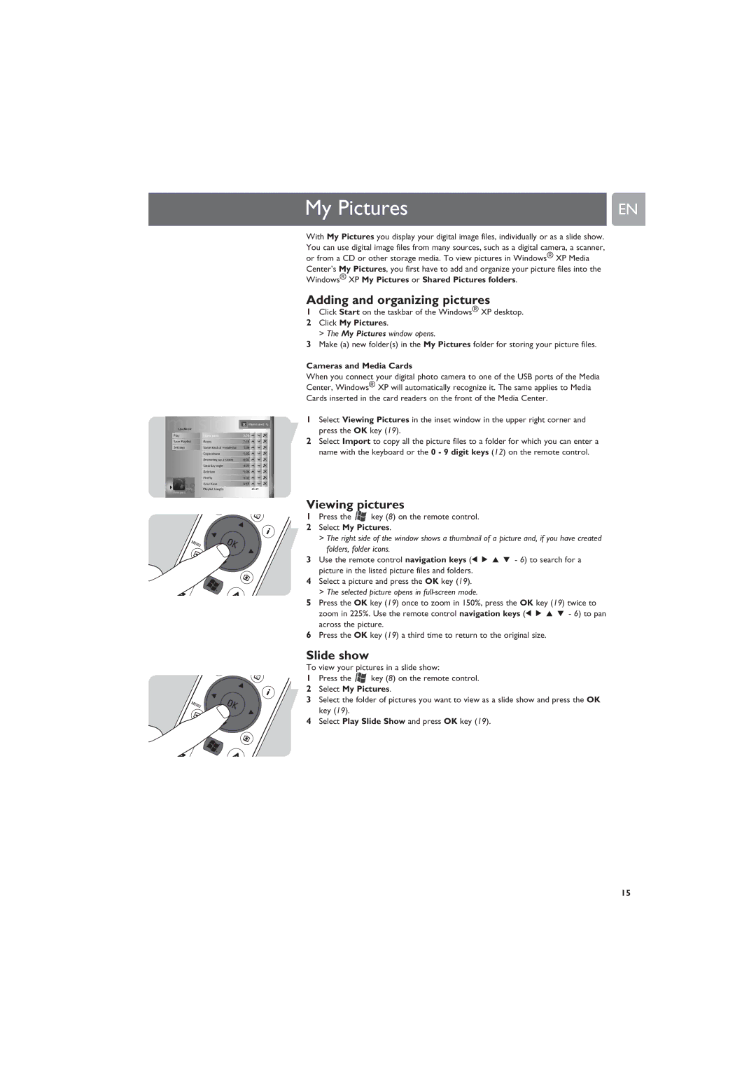 Philips MCP9360i manual My Pictures, Adding and organizing pictures, Viewing pictures, Slide show 