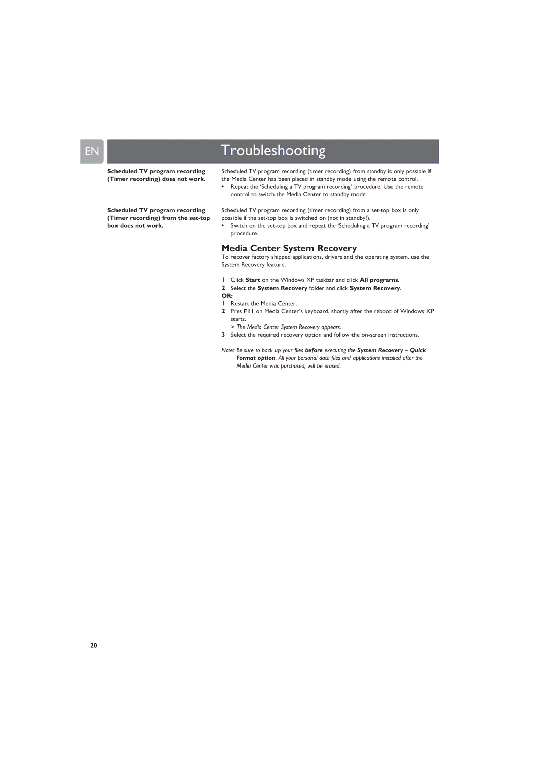 Philips MCP9360i manual ENTroubleshooting, Media Center System Recovery appears 