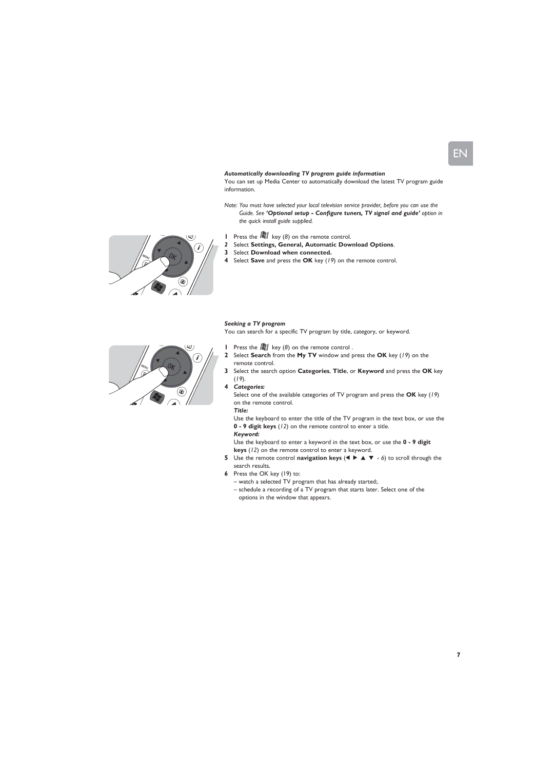 Philips MCP9360i Automatically downloading TV program guide information, Seeking a TV program, Categories, Title, Keyword 