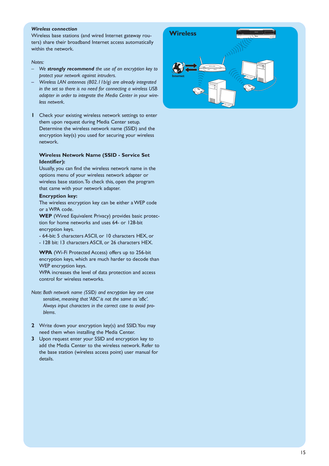 Philips MCP9360I/22 manual Wireless connection, Wireless Network Name Ssid Service Set Identifier, Encryption key 