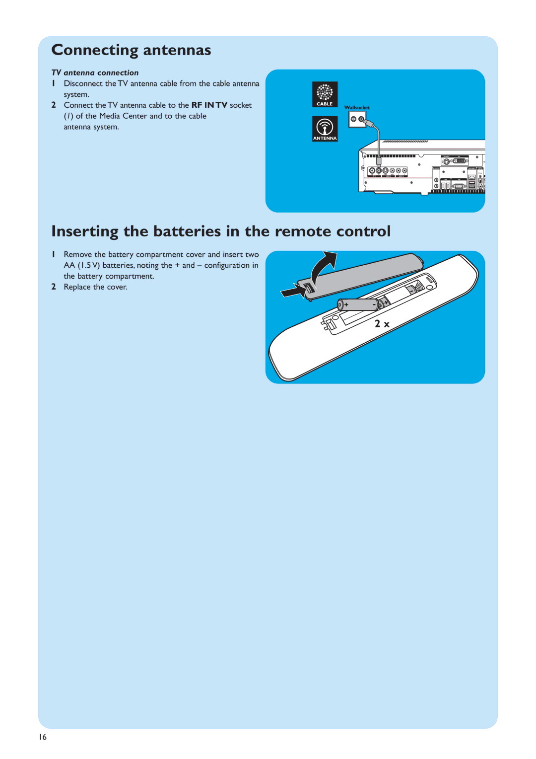 Philips MCP9360I/22 manual Connecting antennas, Inserting the batteries in the remote control, TV antenna connection 