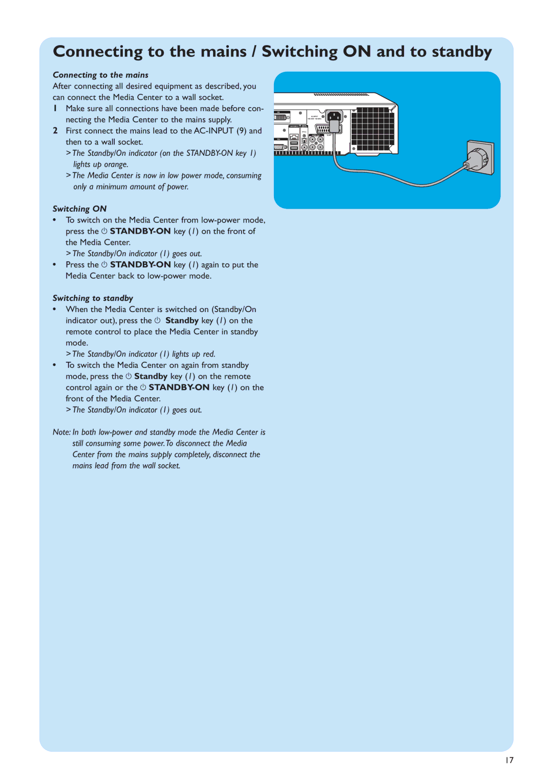 Philips MCP9360I/22 manual Connecting to the mains / Switching on and to standby, Switching to standby 