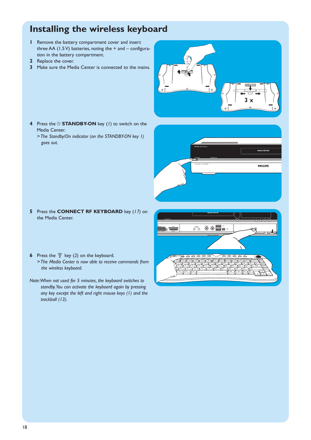 Philips MCP9360I/22 manual Installing the wireless keyboard, Standby/On indicator on the STANDBY-ON key 1 goes out 