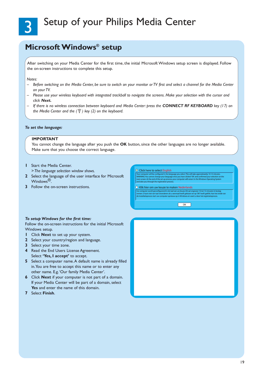 Philips MCP9360I/22 manual Setup of your Philips Media Center, Microsoft Windows setup, To set the language 