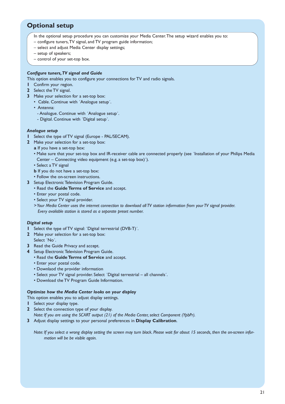 Philips MCP9360I/22 manual Optional setup, Configure tuners,TV signal and Guide, Analogue setup, Digital setup 