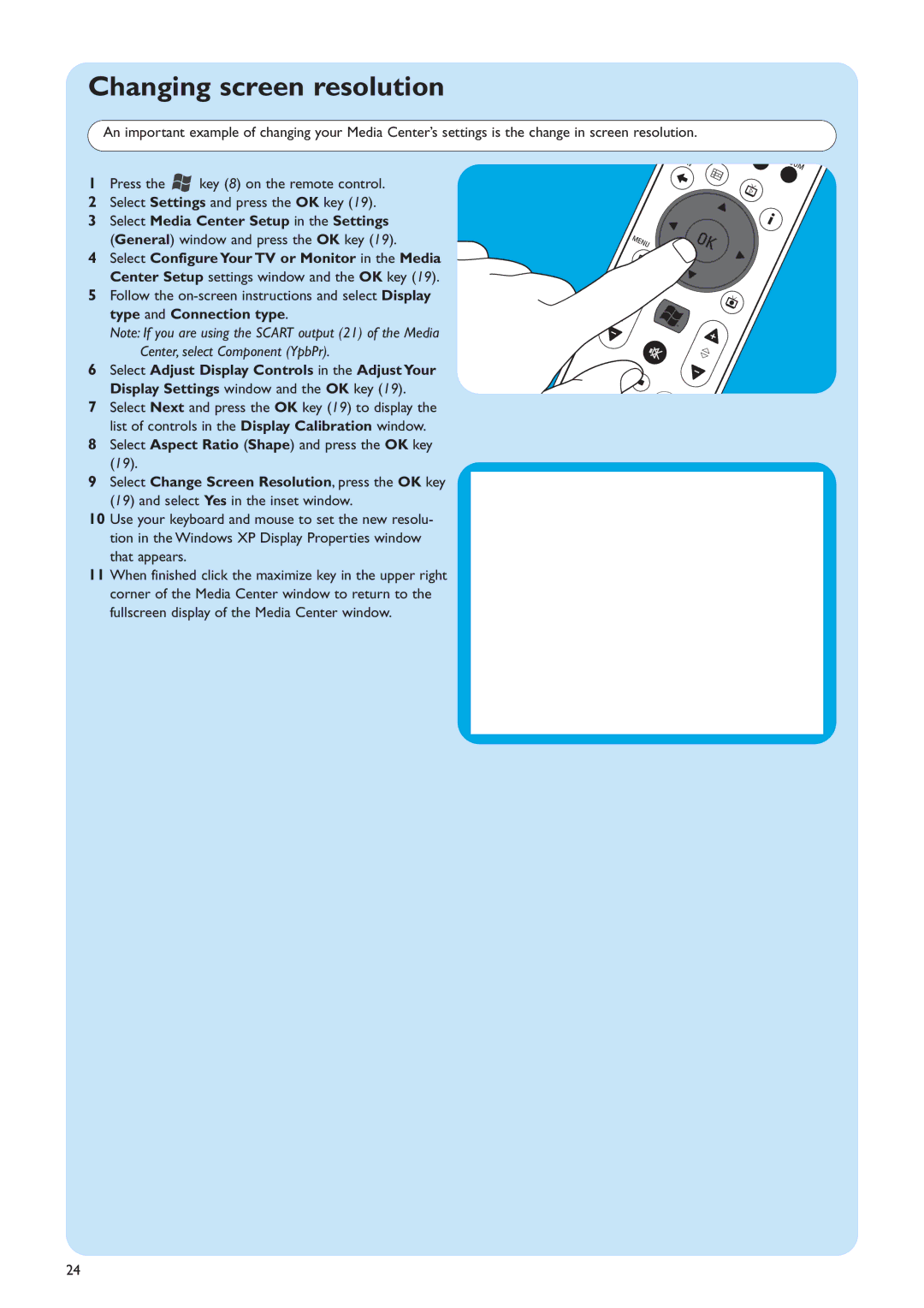 Philips MCP9360I/22 Changing screen resolution, Select Media Center Setup in the Settings, Center, select Component YpbPr 