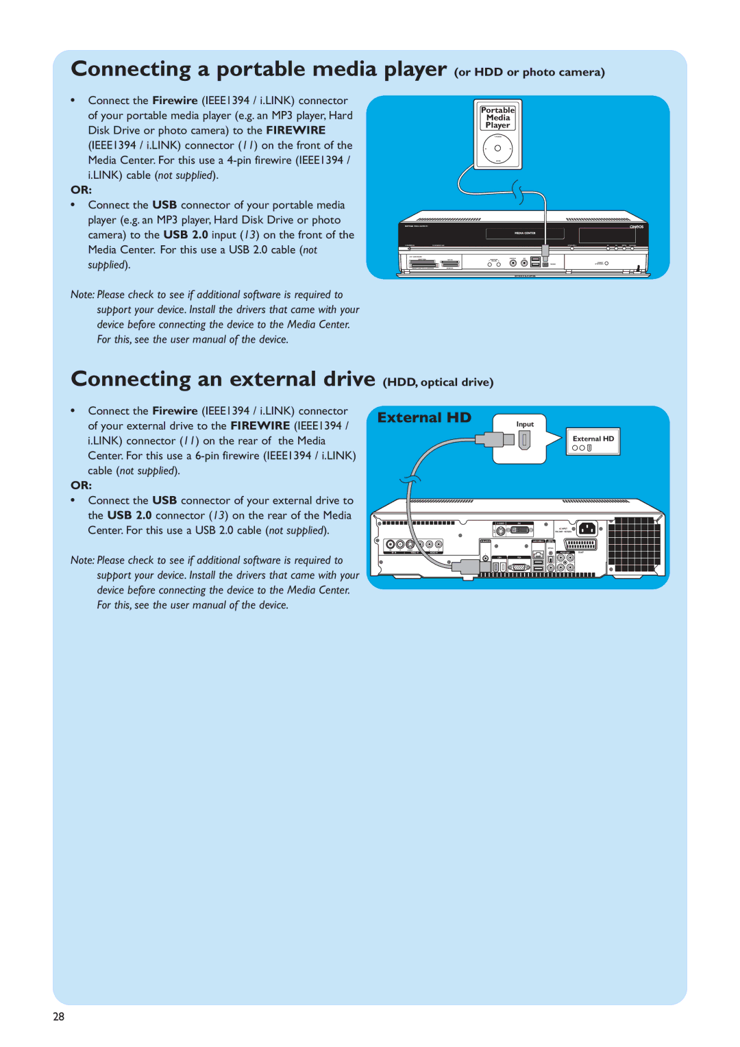 Philips MCP9360I/22 manual Connecting a portable media player or HDD or photo camera, External HD, HDD, optical drive 