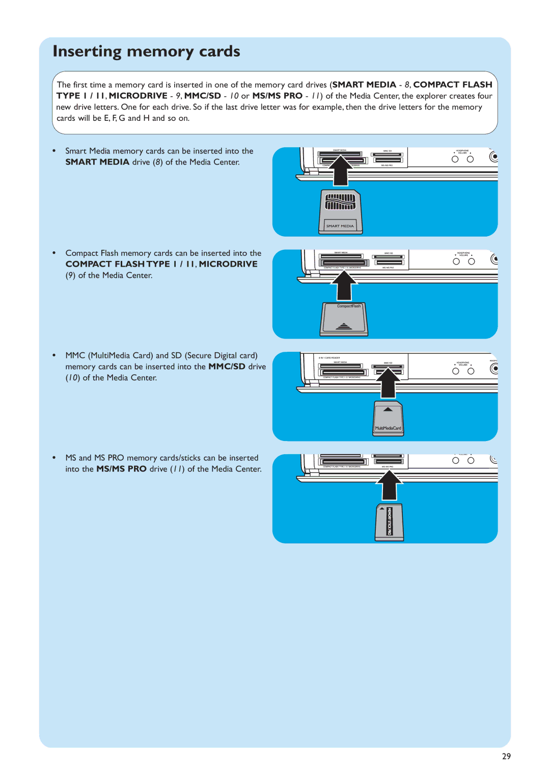 Philips MCP9360I/22 manual Inserting memory cards, Compact Flash Type 1 / 11, Microdrive 