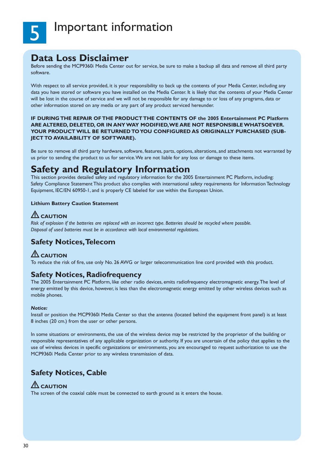 Philips MCP9360I/22 manual Important information, Data Loss Disclaimer, Safety and Regulatory Information 