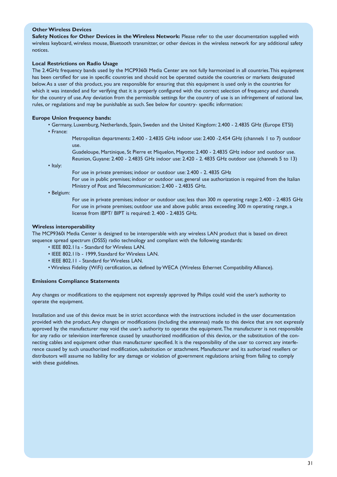 Philips MCP9360I/22 manual Europe Union frequency bands, Wireless interoperability, Emissions Compliance Statements 