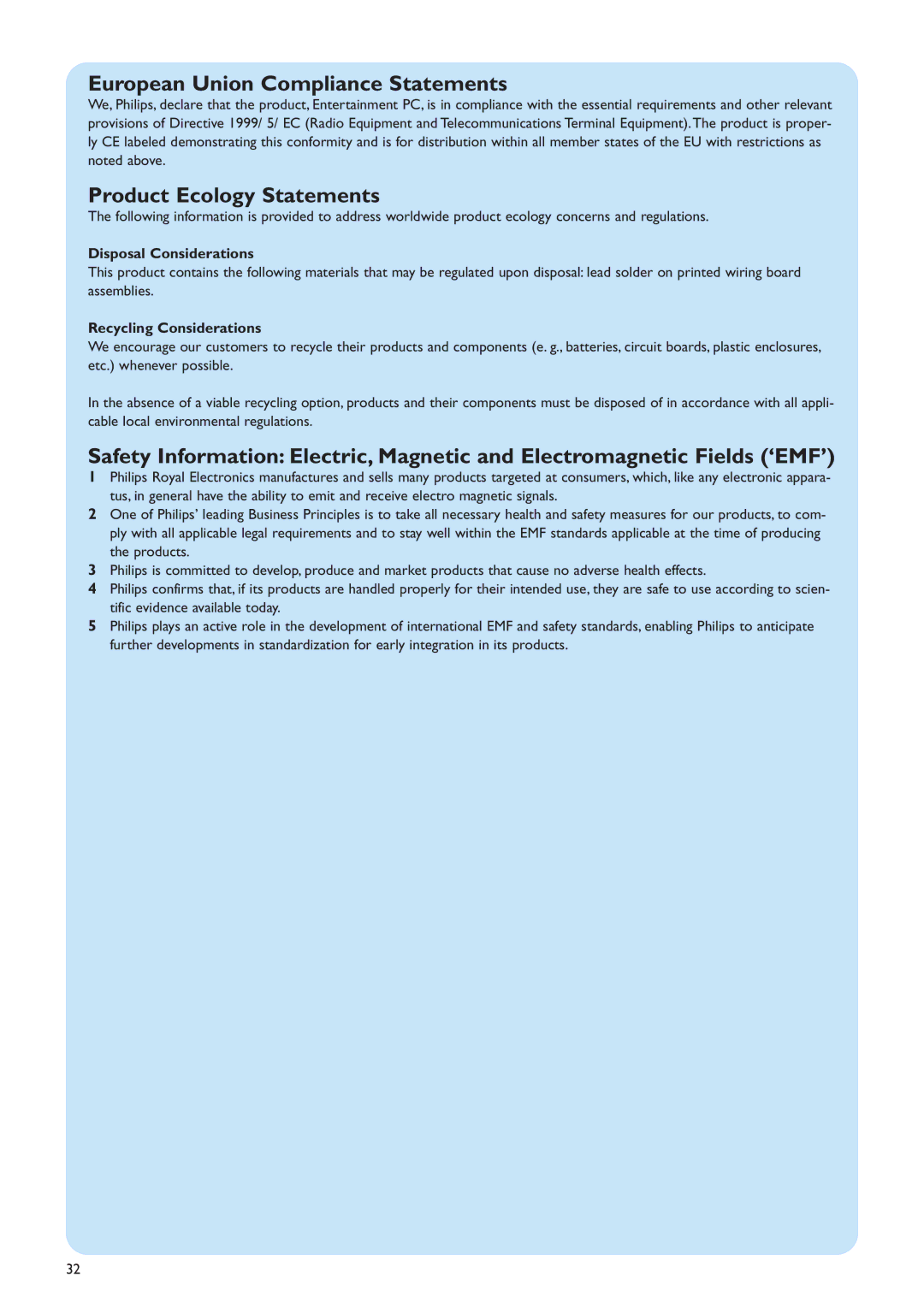 Philips MCP9360I/22 manual European Union Compliance Statements, Product Ecology Statements, Disposal Considerations 