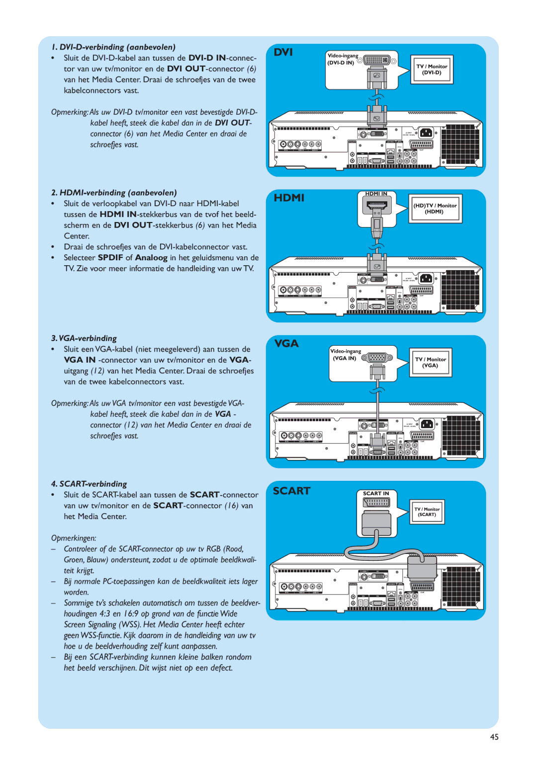 Philips MCP9360I/22 manual DVI-D-verbinding aanbevolen, HDMI-verbinding aanbevolen, VGA-verbinding, SCART-verbinding 