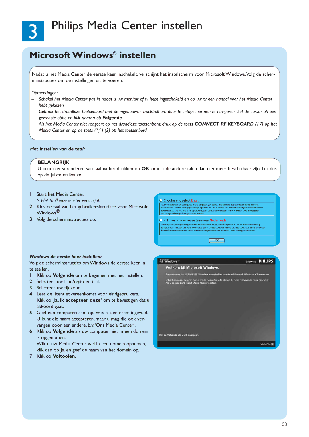 Philips MCP9360I/22 Philips Media Center instellen, Microsoft Windows instellen, Het instellen van de taal, Belangrijk 