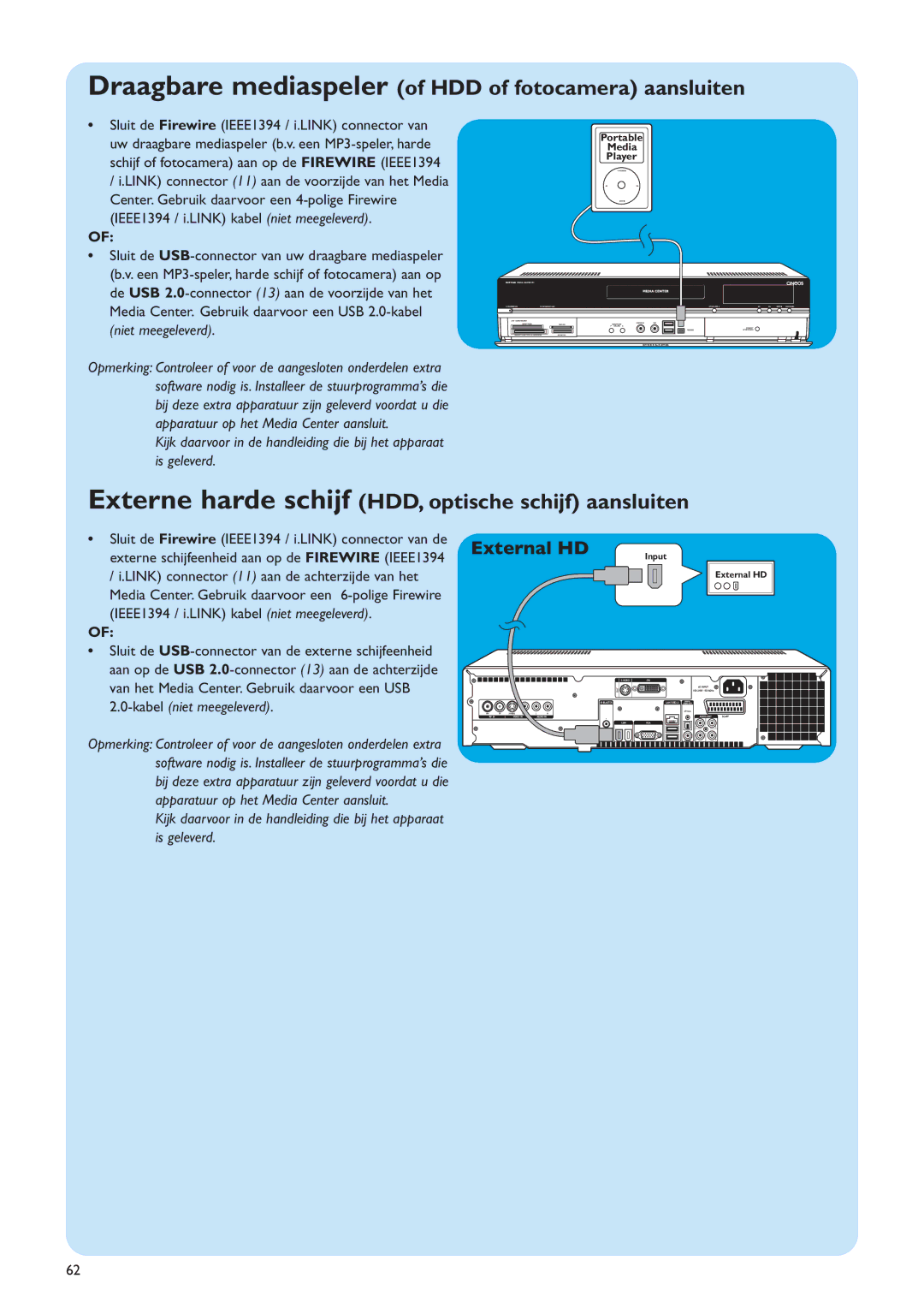 Philips MCP9360I/22 manual Draagbare mediaspeler of HDD of fotocamera aansluiten 