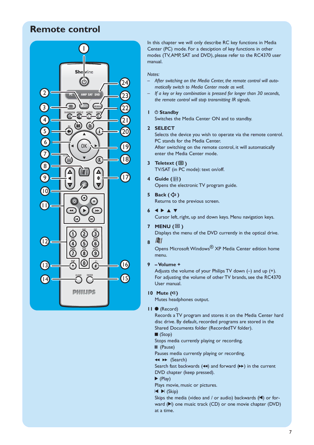 Philips MCP9360I/22 manual Remote control, Matically switch to Media Center mode as well, Select, Menu 