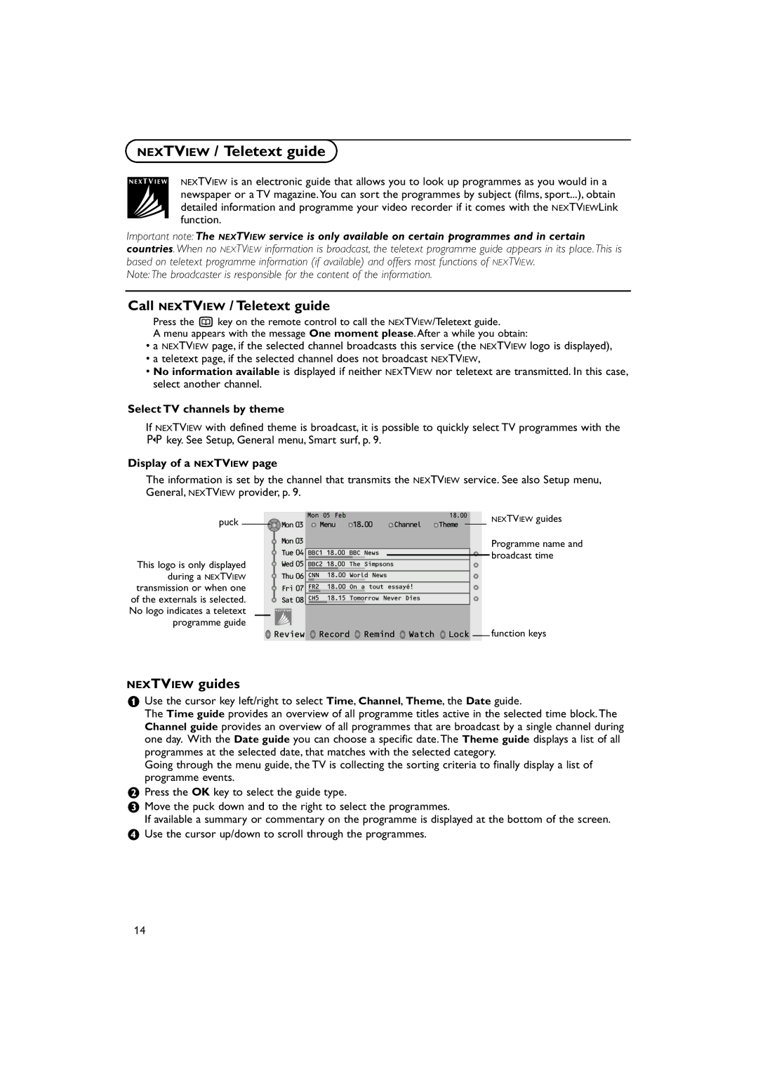 Philips MCS 130 SURROUND, MCS 130 LCR Call Nextview / Teletext guide, Nextview guides, Select TV channels by theme 