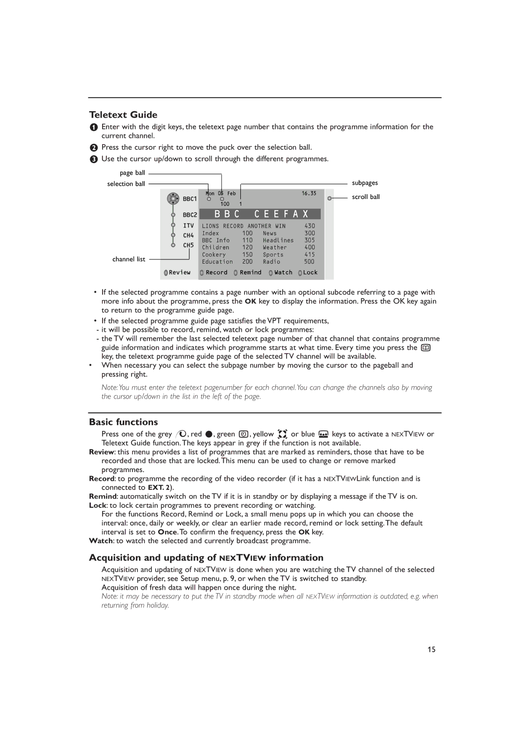 Philips MCS 130 LCR, MCS 100 SATELLITE Teletext Guide, Basic functions, Acquisition and updating of Nextview information 