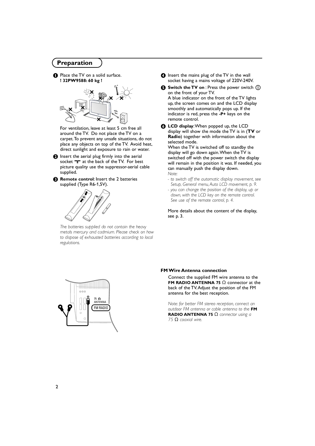 Philips MCS 130 SURROUND, MCS 100 SATELLITE manual Preparation, Place the TV on a solid surface, FM Wire Antenna connection 