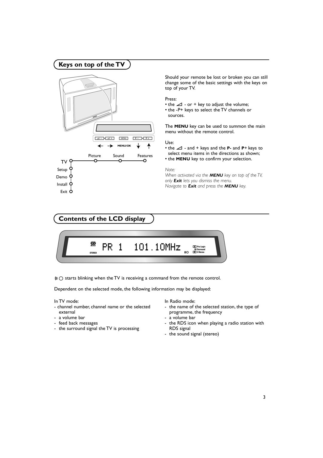 Philips MCS 130 LCR, MCS 100 SATELLITE, MCS 130 SURROUND manual Keys on top of the TV, Contents of the LCD display 