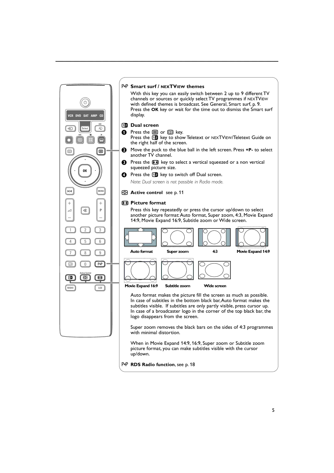 Philips MCS 130 SURROUND, MCS 100 SATELLITE, MCS 130 LCR manual Smart surf / Nextview themes, Dual screen, Picture format 