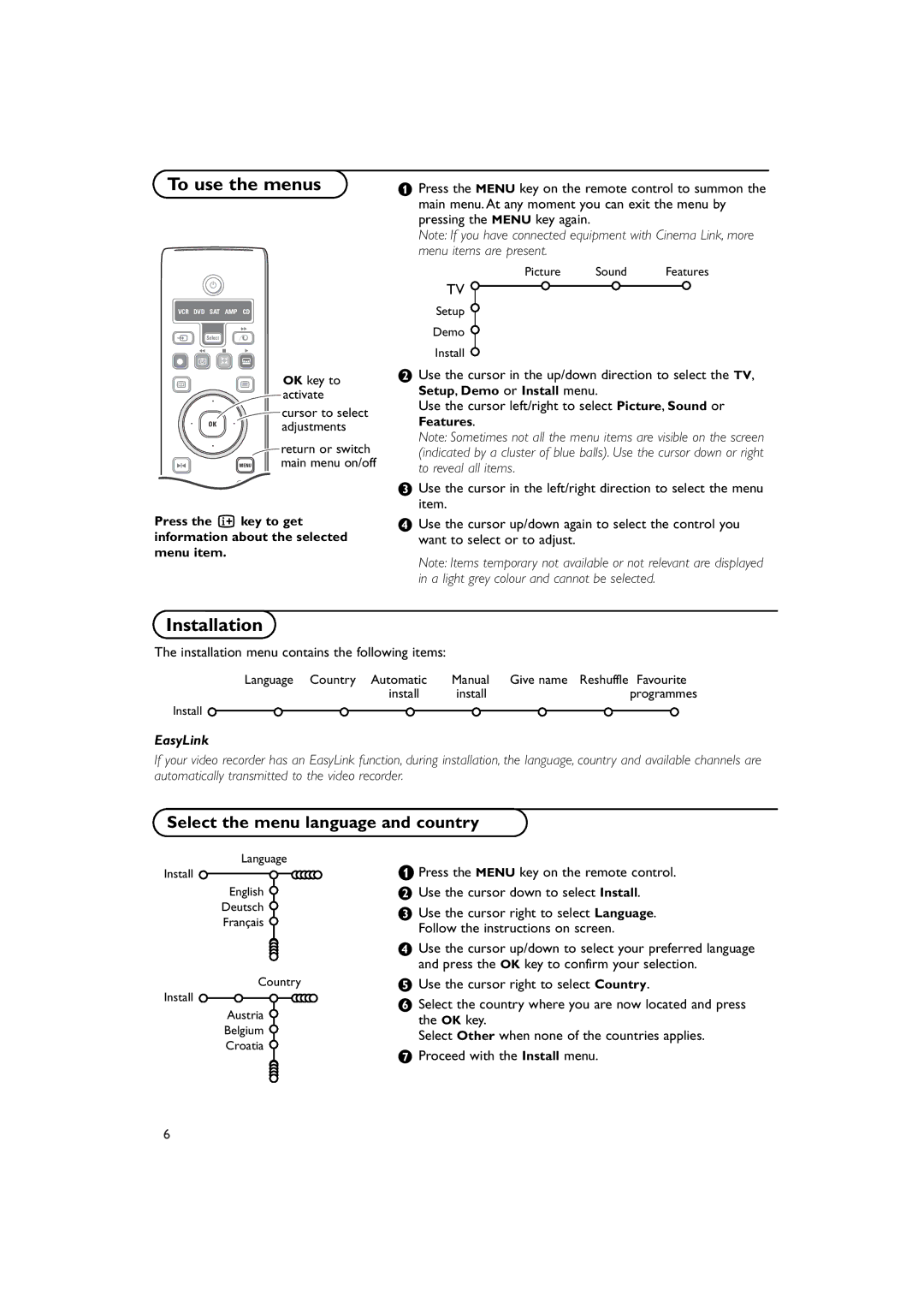 Philips MCS 130 LCR To use the menus, Select the menu language and country, Installation menu contains the following items 