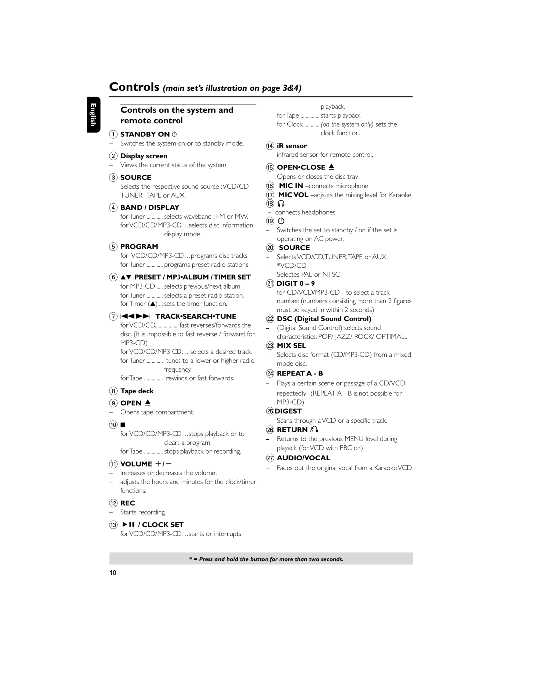 Philips MCV250/21 manual Controls on the system and remote control 