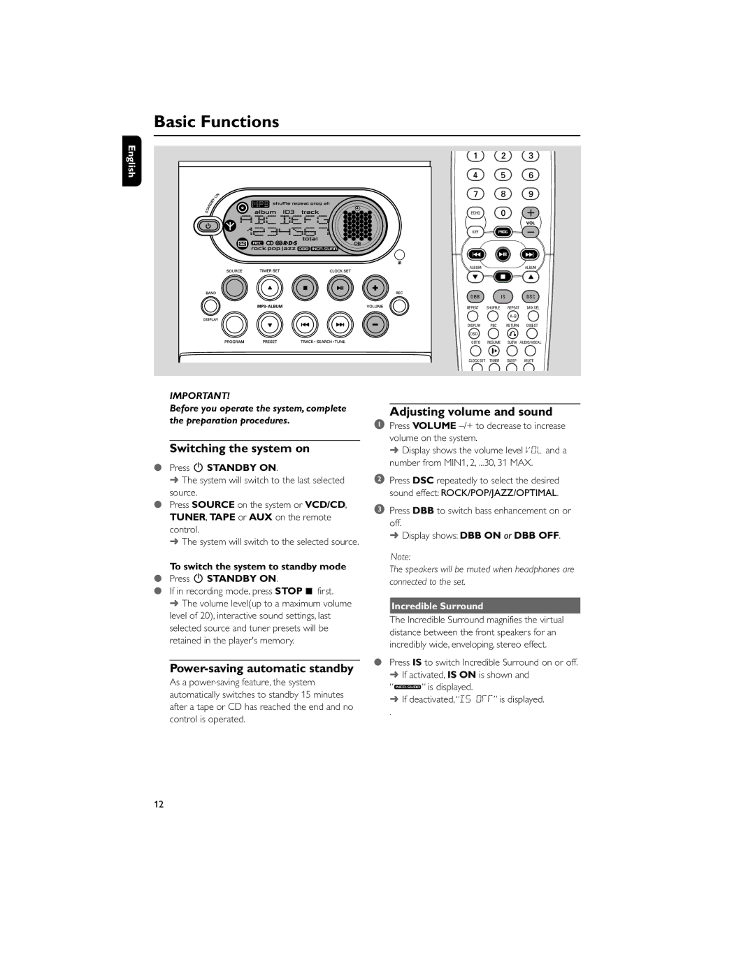 Philips MCV250/21 Basic Functions, Switching the system on, Power-saving automatic standby, Adjusting volume and sound 