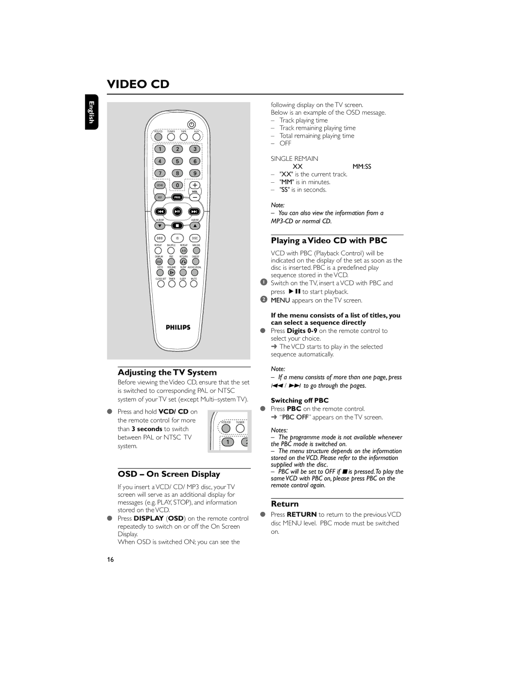 Philips MCV250/21 Adjusting the TV System, OSD On Screen Display, Playing a Video CD with PBC, Return, Switching off PBC 