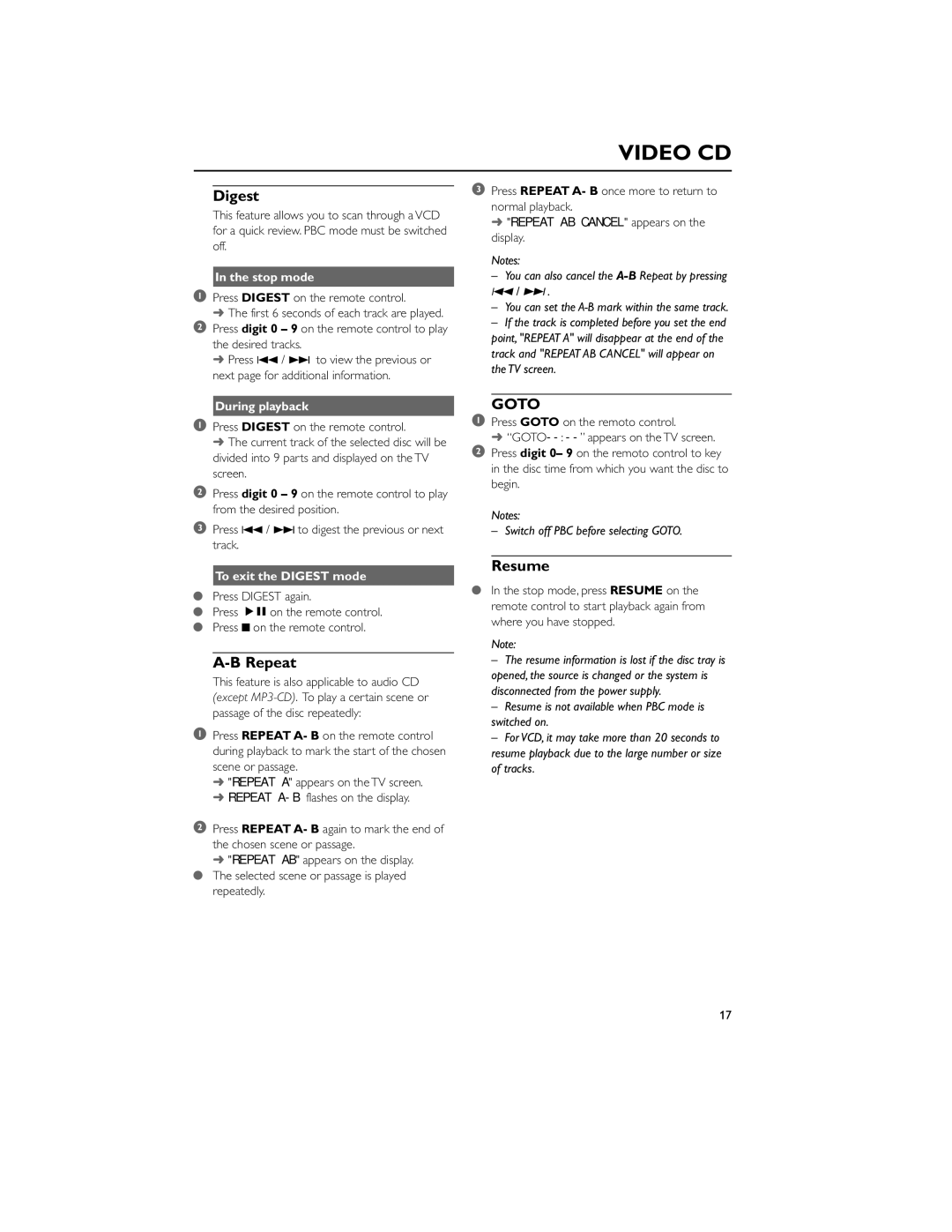 Philips MCV250/21 manual Digest, Repeat, Resume 