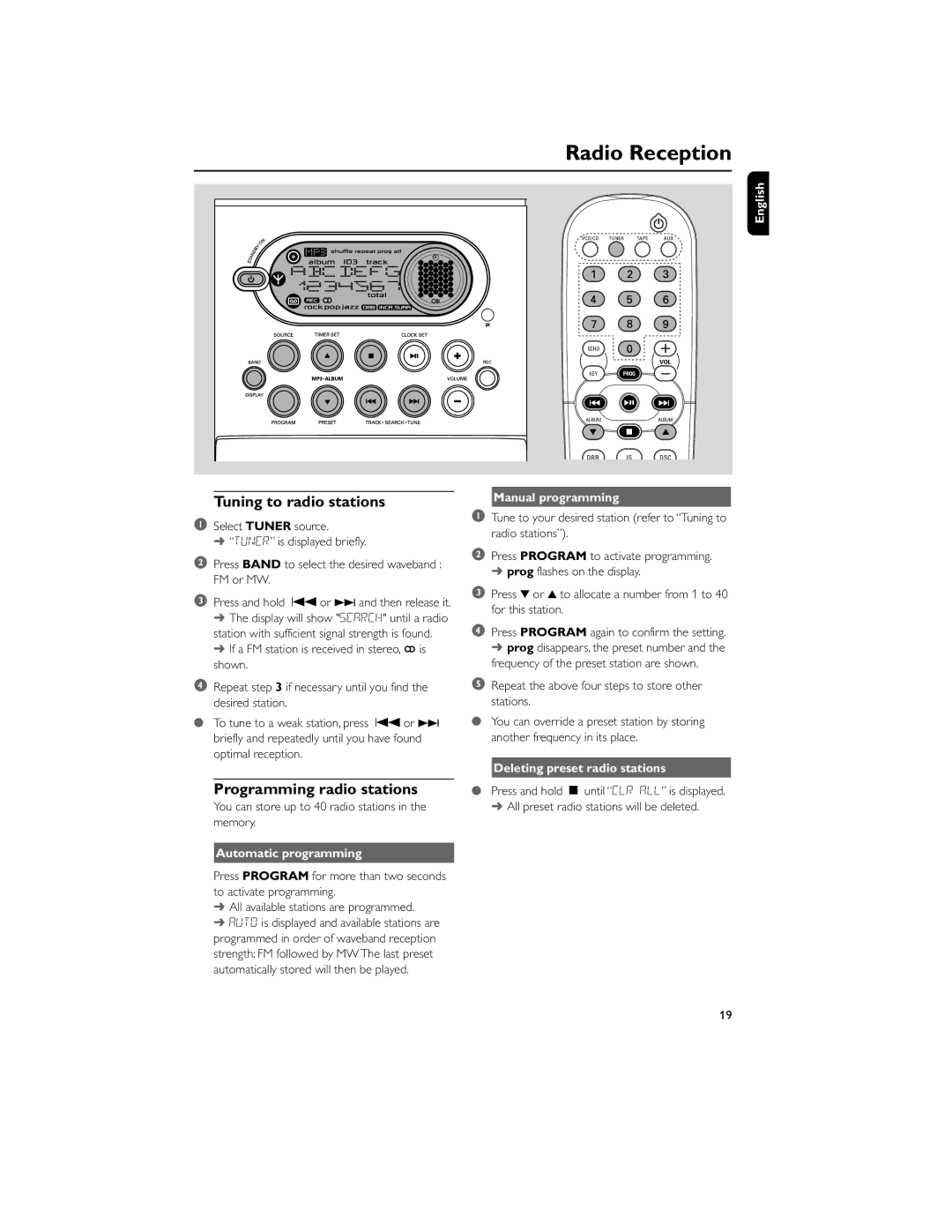 Philips MCV250/21 manual Radio Reception, Tuning to radio stations, Programming radio stations 