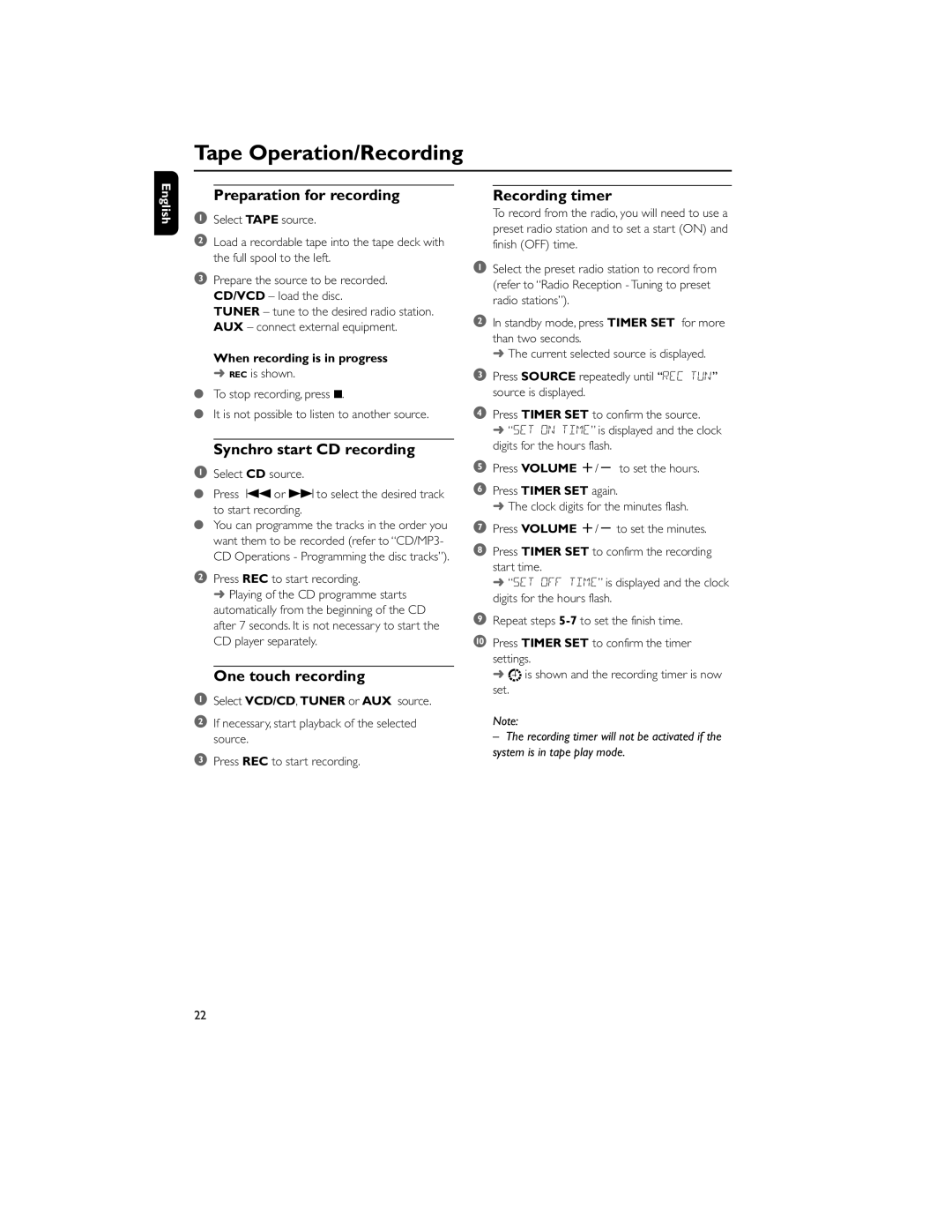 Philips MCV250/21 manual Preparation for recording, Synchro start CD recording, One touch recording, Recording timer 