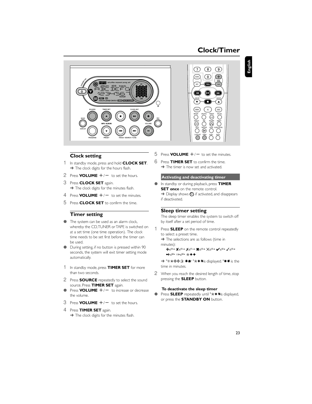 Philips MCV250/21 manual Clock setting, Timer setting, Sleep timer setting, Activating and deactivating timer 