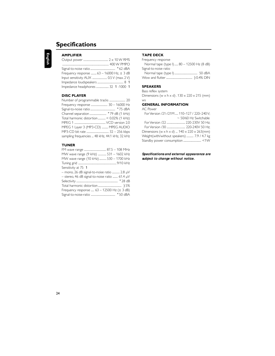 Philips MCV250/21 manual Specifications 