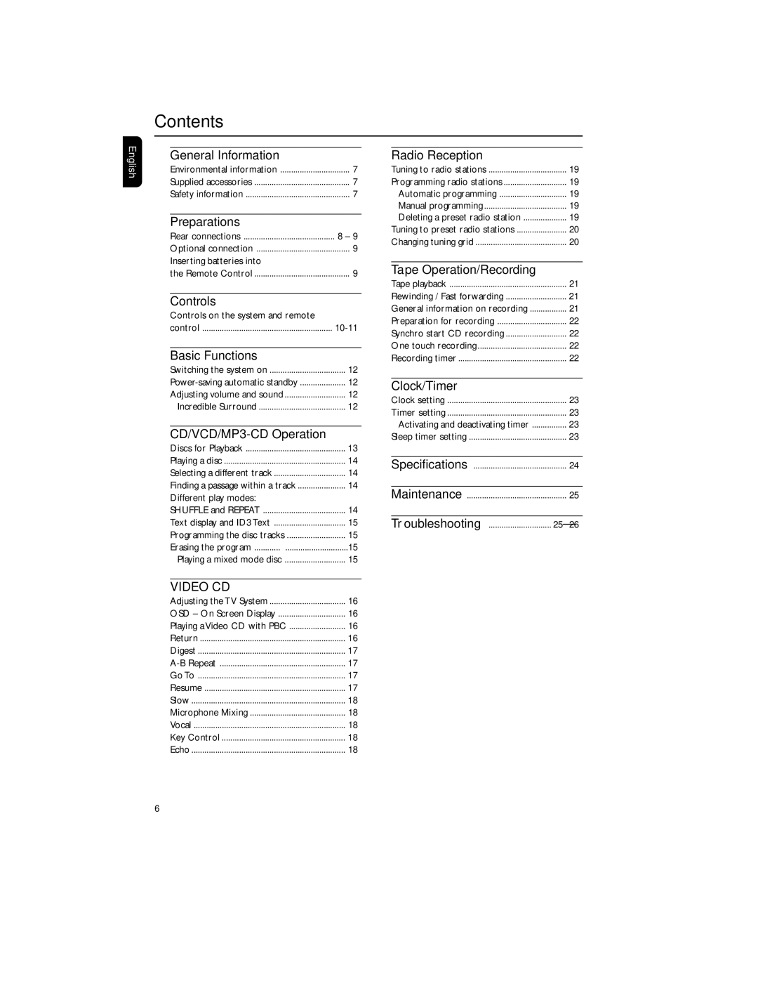 Philips MCV250/21 manual Contents 