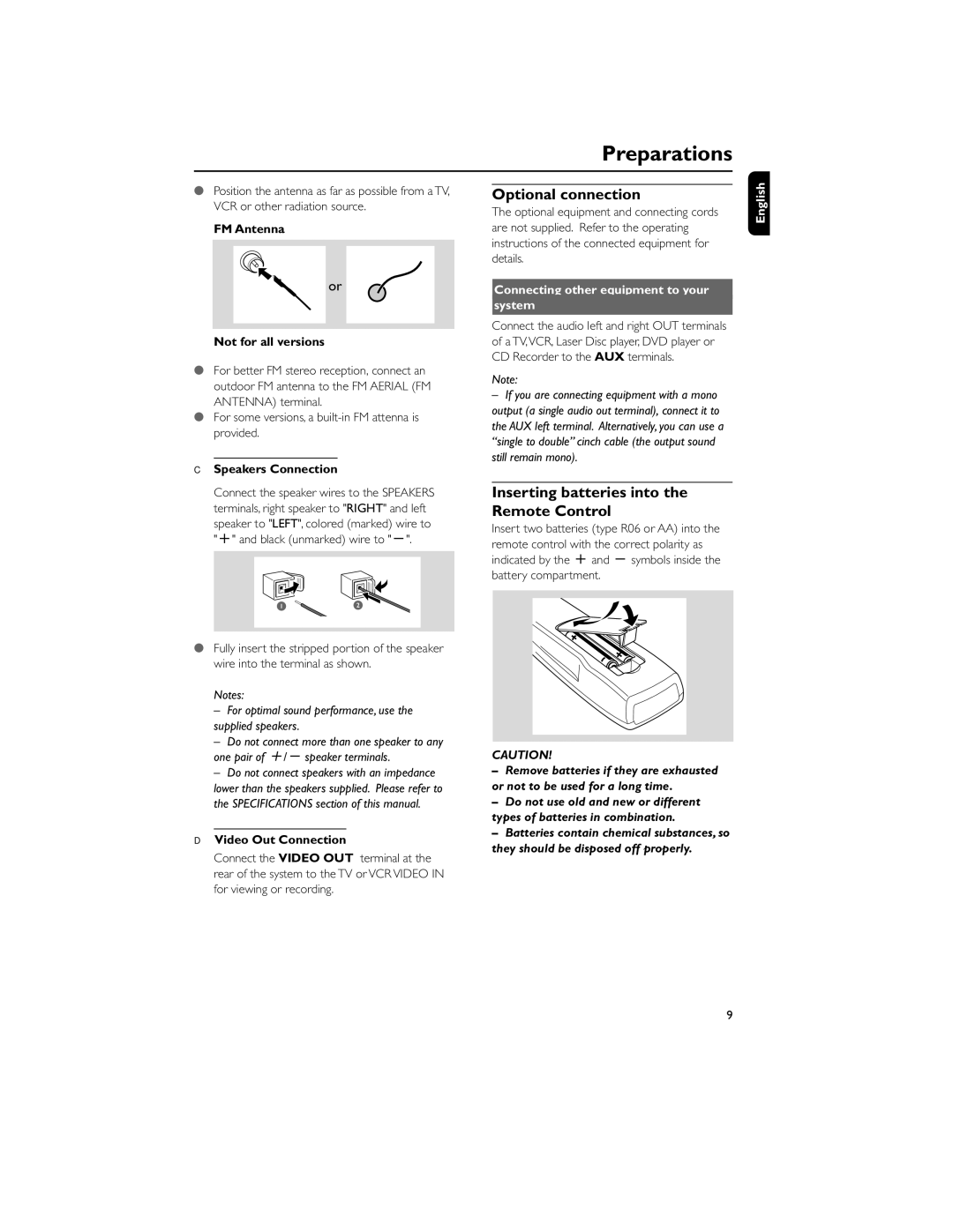 Philips MCV250/21 manual Preparations, Optional connection, Inserting batteries into the Remote Control 