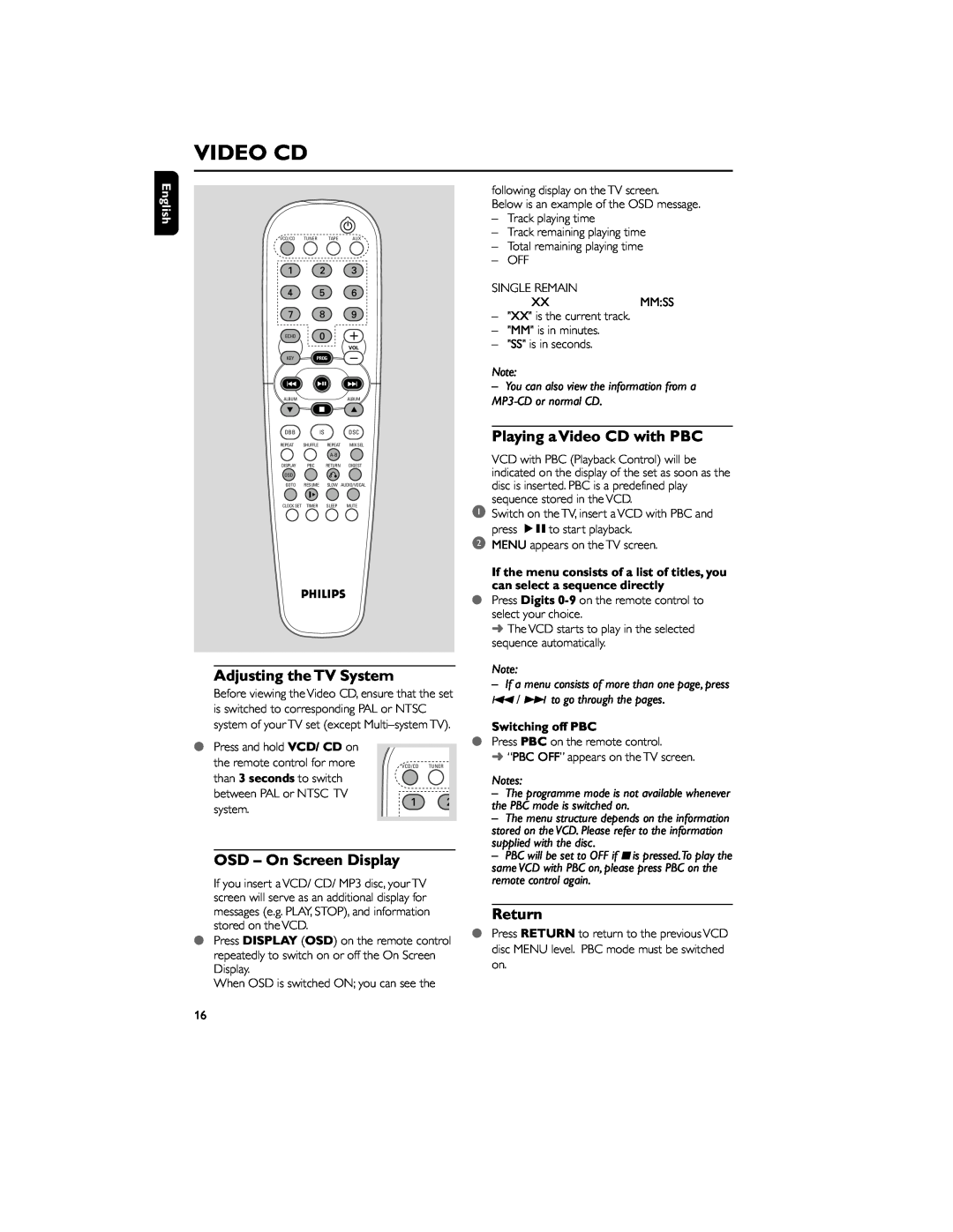 Philips MCV250/21 Video Cd, Adjusting the TV System, OSD – On Screen Display, Playing a Video CD with PBC, Return, English 