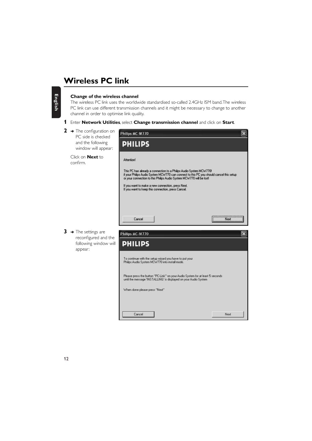 Philips MCW770 manual Change of the wireless channel, Conﬁguration on, Click on Next to conﬁrm 