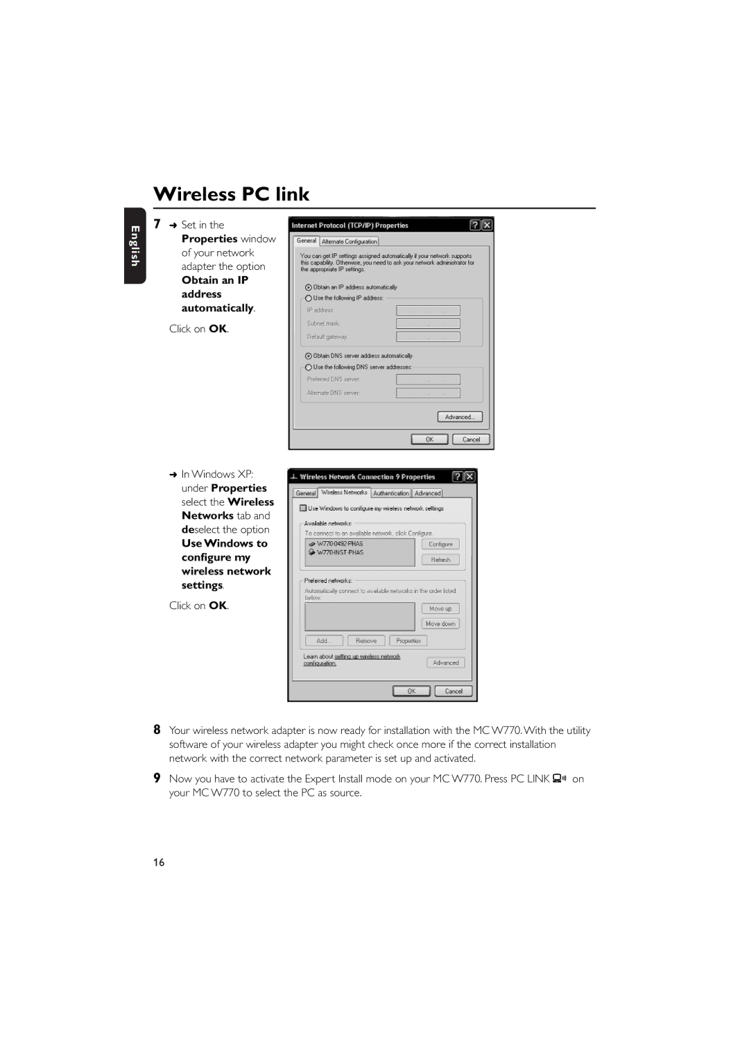 Philips MCW770 manual Set, Properties window, Obtain an IP address automatically, Click on OK 