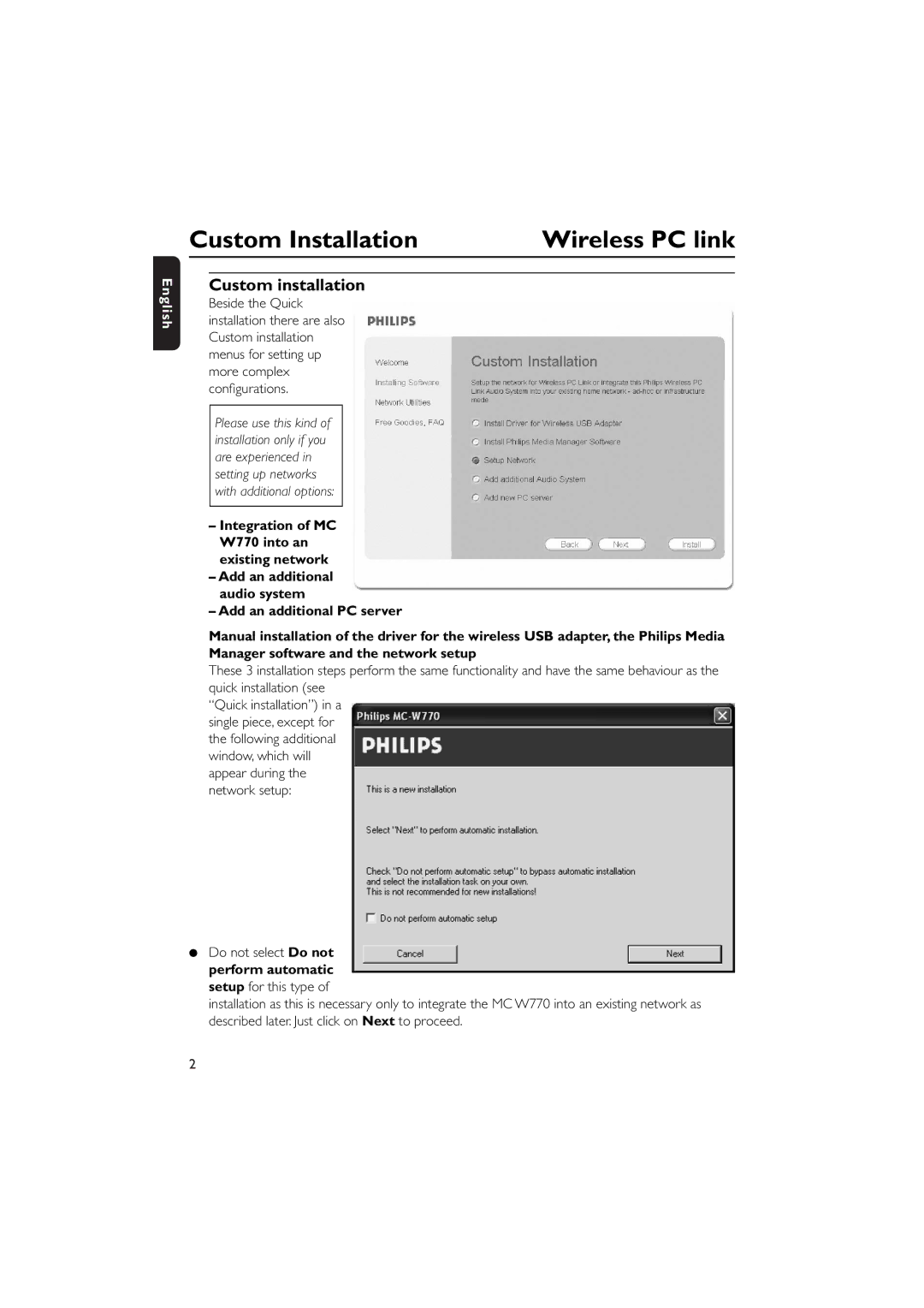 Philips MCW770 manual Custom Installation Wireless PC link, Custom installation 