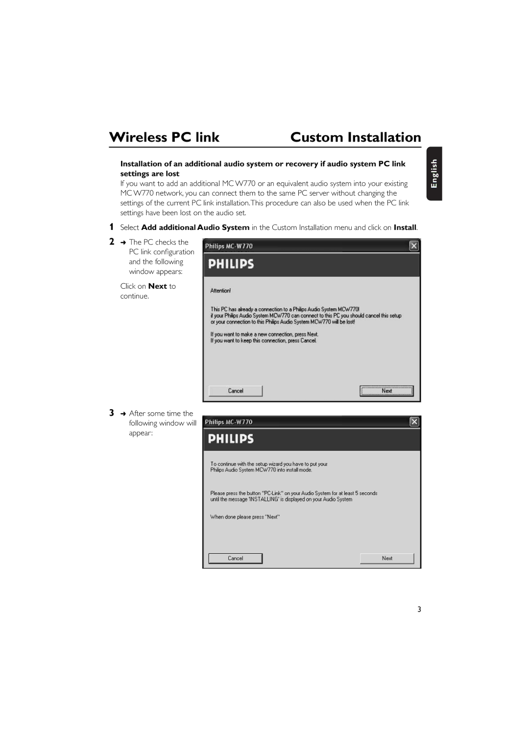 Philips MCW770 manual Wireless PC link Custom Installation, PC checks 