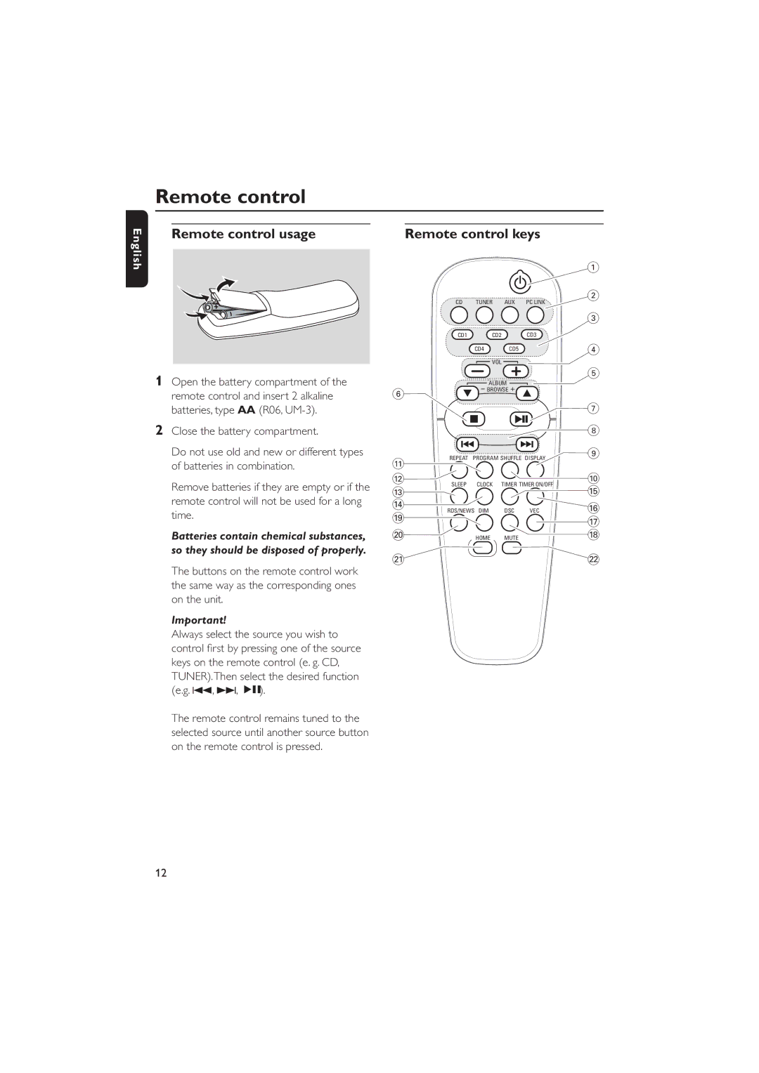 Philips MCW770 manual Remote control, TUNER.Then select the desired function e.g , ¢, ÉÅ 