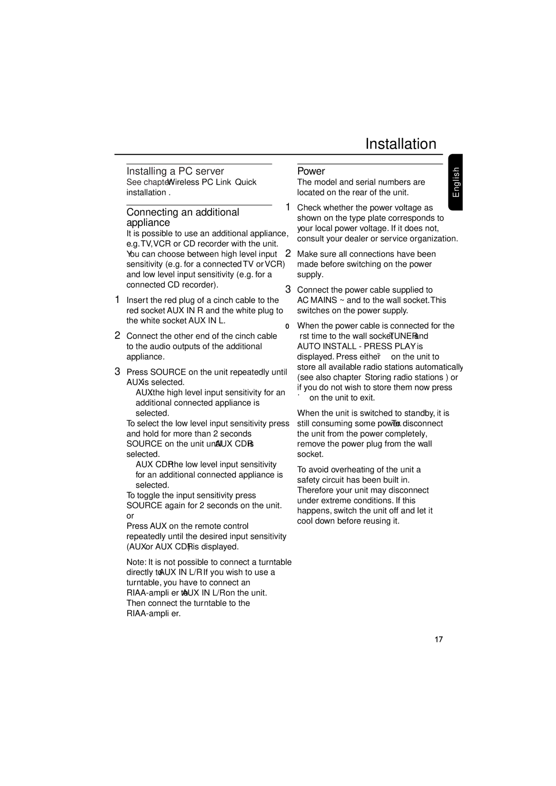 Philips MCW770 manual Connecting an additional appliance, Power, See chapter Wireless PC Link Quick installation 