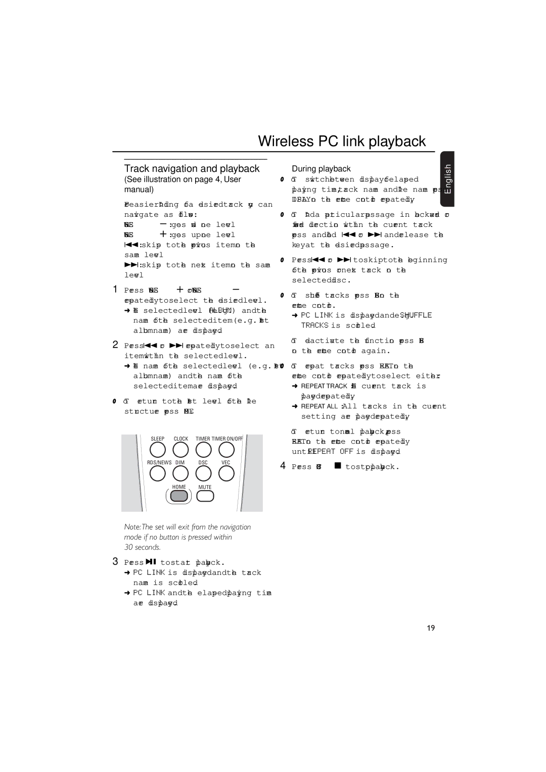 Philips MCW770 Track navigation and playback, To return to the ﬁrst level of the ﬁle structure press Home, During playback 