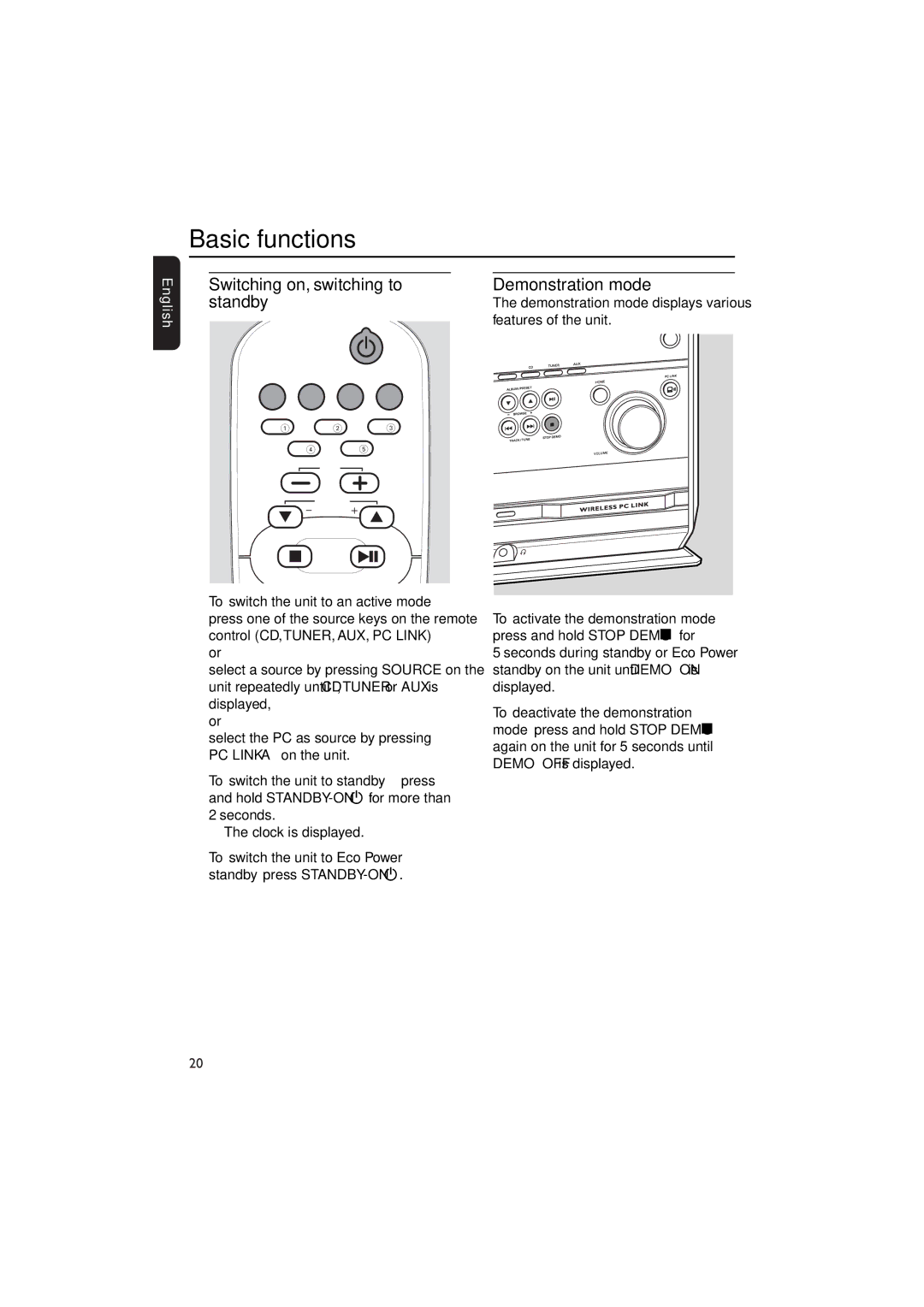 Philips MCW770 manual Basic functions, Switching on, switching to Demonstration mode Standby 