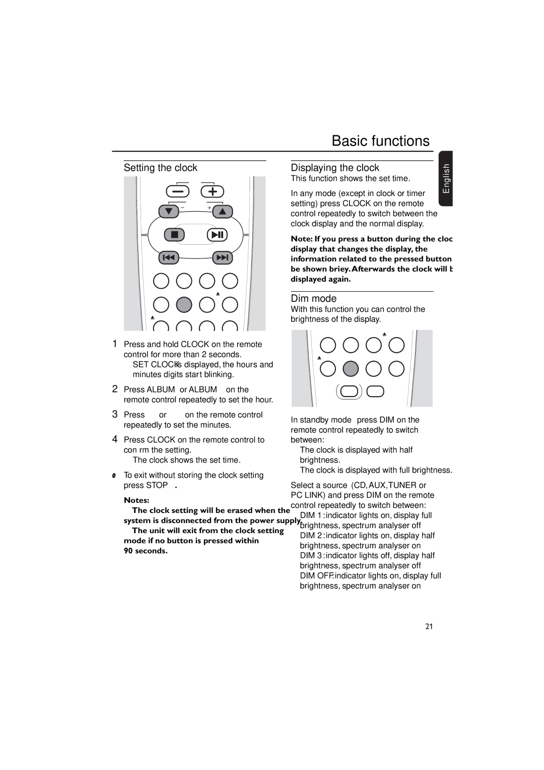 Philips MCW770 manual Setting the clock, Displaying the clock, Dim mode, This function shows the set time 