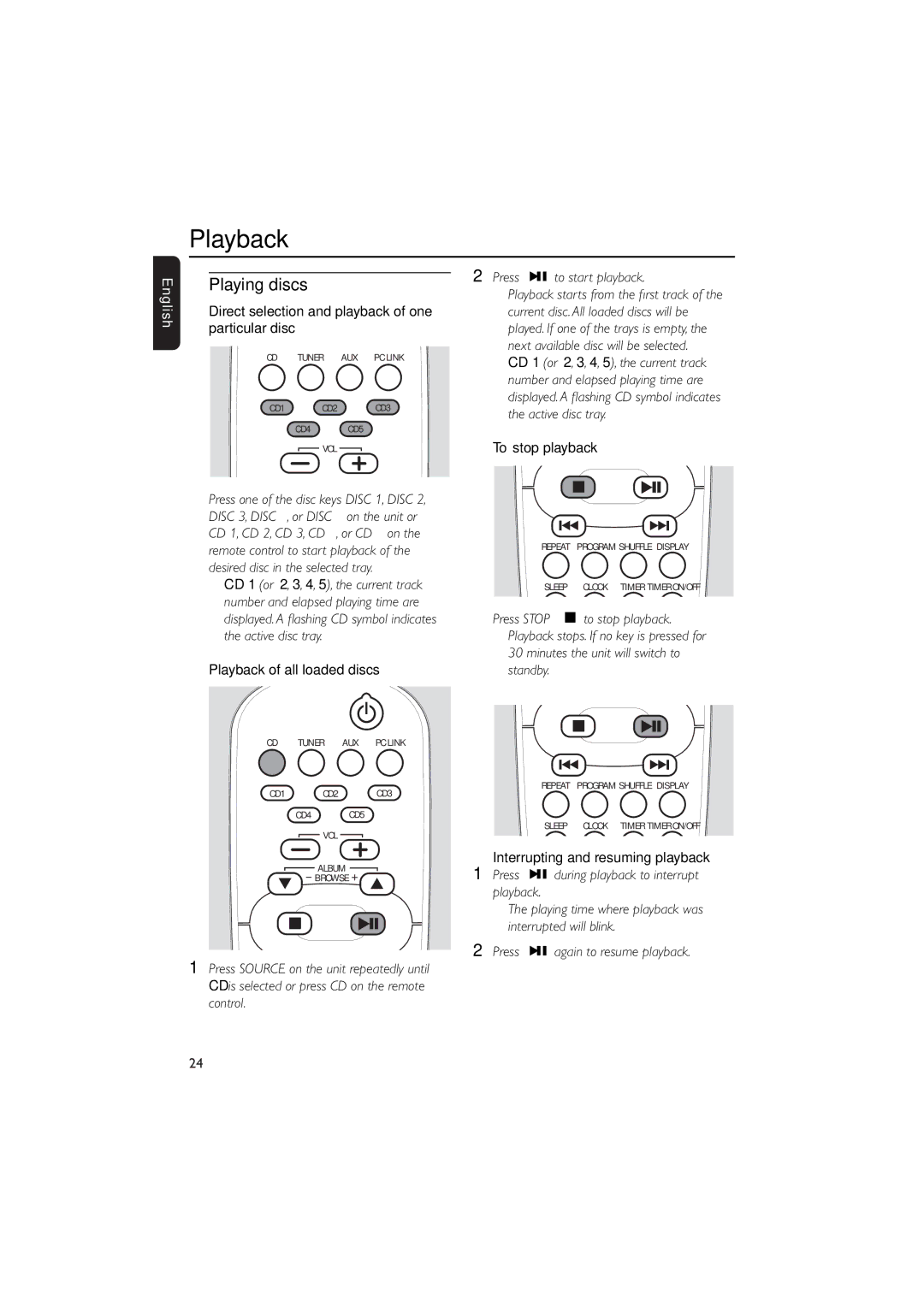 Philips MCW770 manual Playing discs, Direct selection and playback of one particular disc, Playback of all loaded discs 